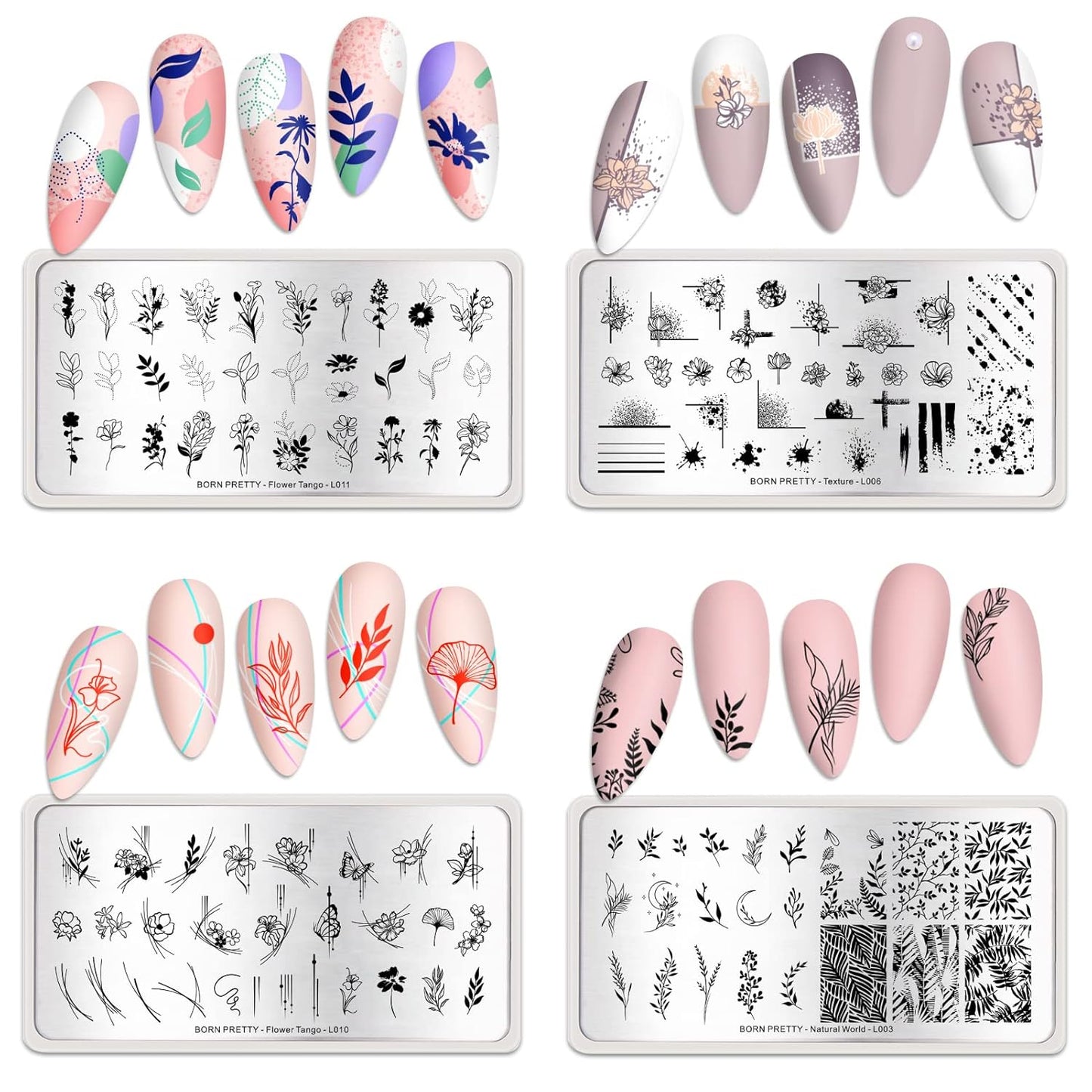 BORN PRETTY Stamping Temeplates Nail Art Stamping Plates Flower Leaves Theme Nail Image Plates Nail Manicuring DIY Printing Tools 4PCS-BrightBean Baby