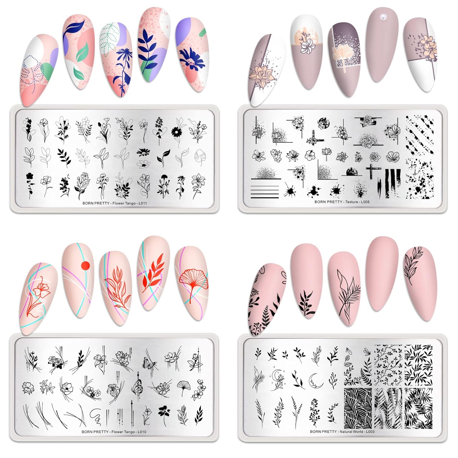 BORN PRETTY Stamping Temeplates Nail Art Stamping Plates Flower Leaves Theme Nail Image Plates Nail Manicuring DIY Printing Tools 4PCS-BrightBean Baby