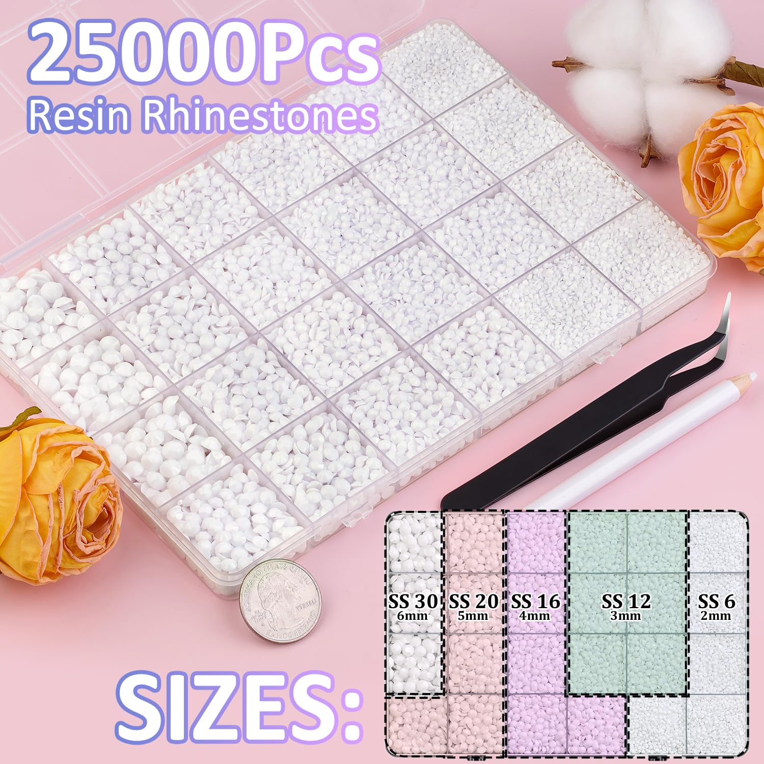 25000Pcs Resin Rhinestones with Tweezers for Crafting, White 2-6mm Mixed Sizes Bedazzling Crystal with 3Pcs 10ml B7000 Jewelry Glue for DIY Crafts Clothing Tumblers Shoes Fabric Nail Art-BrightBean Baby