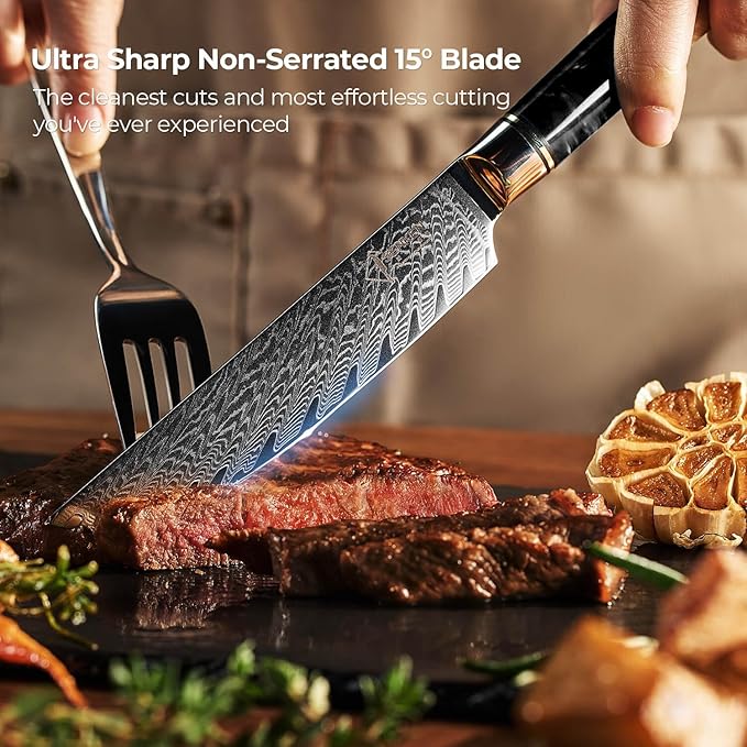 SENKEN Damascus Steak Knife Set - Black Tsunami Collection - 67-Layer Japanese VG10 Steel - Razor Sharp Non-Serrated Blades, Black Resin & Burl Wood Handles, Luxury Gift Box