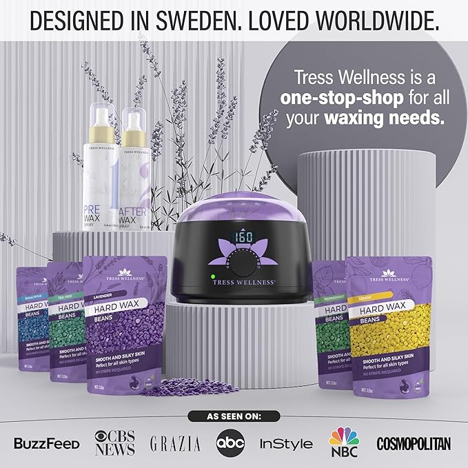 Tress Wellness Waxing Kit for Sensitive Skin – Safe for Face & Skin, Prep & Aftercare Spray, Easy to Use – At-Home Kit for Face, Bikini, Brazilian & Full Body, Black & White-BrightBean Baby