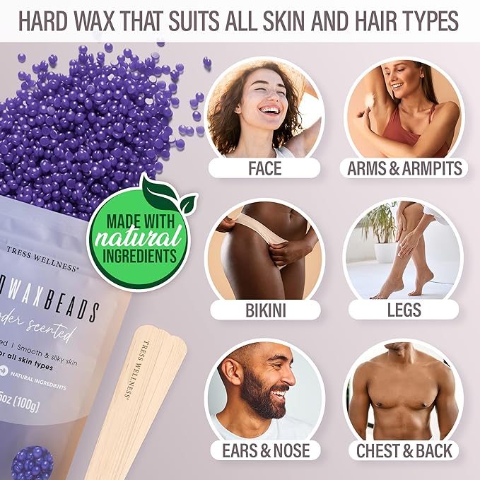 Tress Wellness Waxing Kit for Sensitive Skin – Safe for Face & Skin, Prep & Aftercare Spray, Easy to Use – At-Home Kit for Face, Bikini, Brazilian & Full Body - Digital Display, Dusty Lilac-BrightBean Baby
