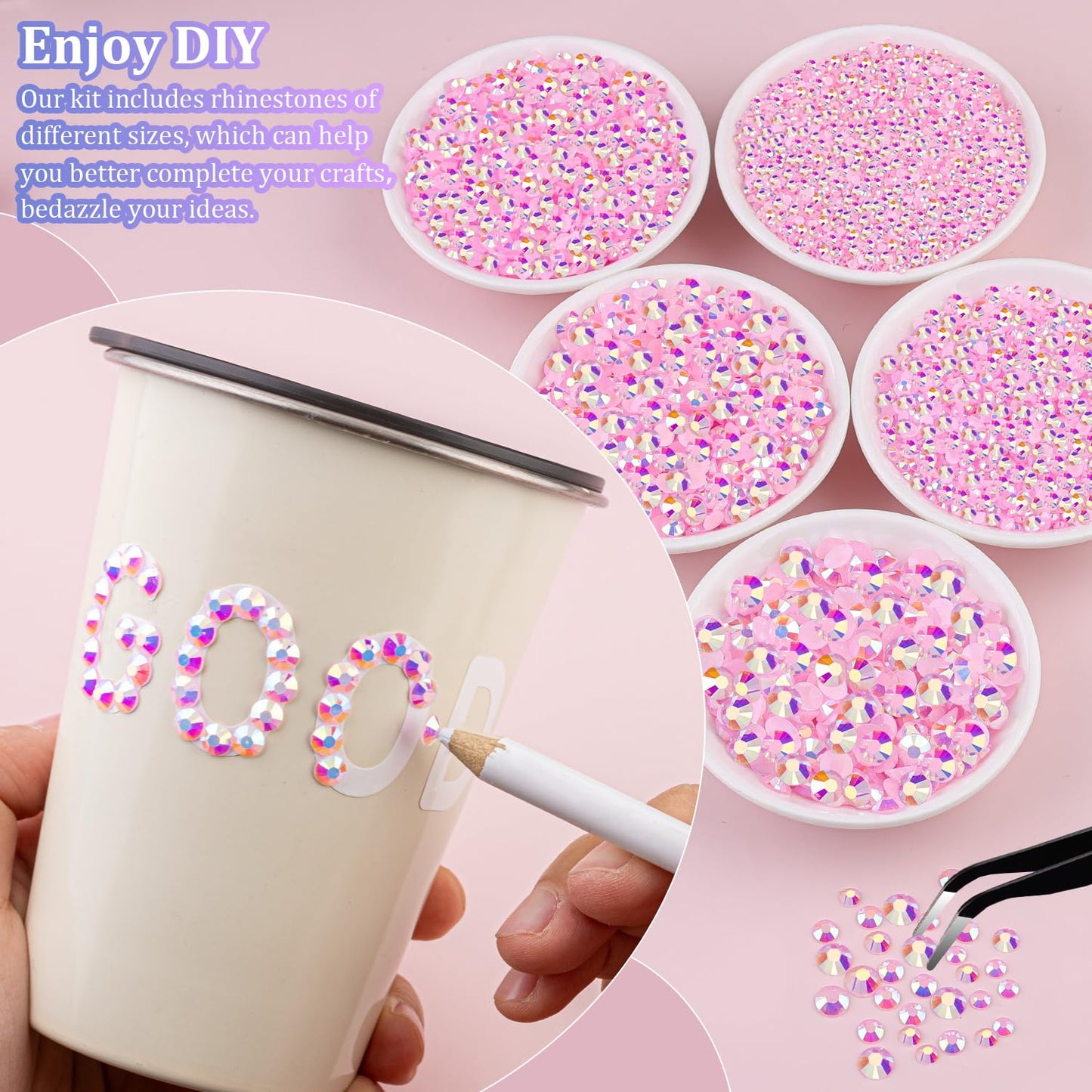 30000Pcs Resin Jelly Rhinestones with Tweezers for Crafting, Light Pink AB Flatback Gems, Bedazzling Crystal with 3Pcs 10ml B7000 Jewelry Glue for DIY Crafts Clothing Tumblers Shoes Fabric Nail Art-BrightBean Baby