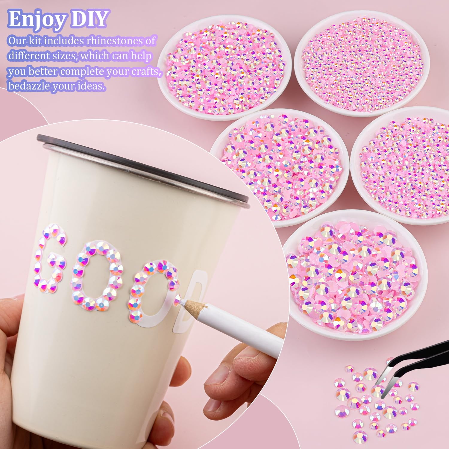 30000Pcs Resin Jelly Rhinestones with Tweezers for Crafting, Light Pink AB Flatback Gems, Bedazzling Crystal with 3Pcs 10ml B7000 Jewelry Glue for DIY Crafts Clothing Tumblers Shoes Fabric Nail Art-BrightBean Baby