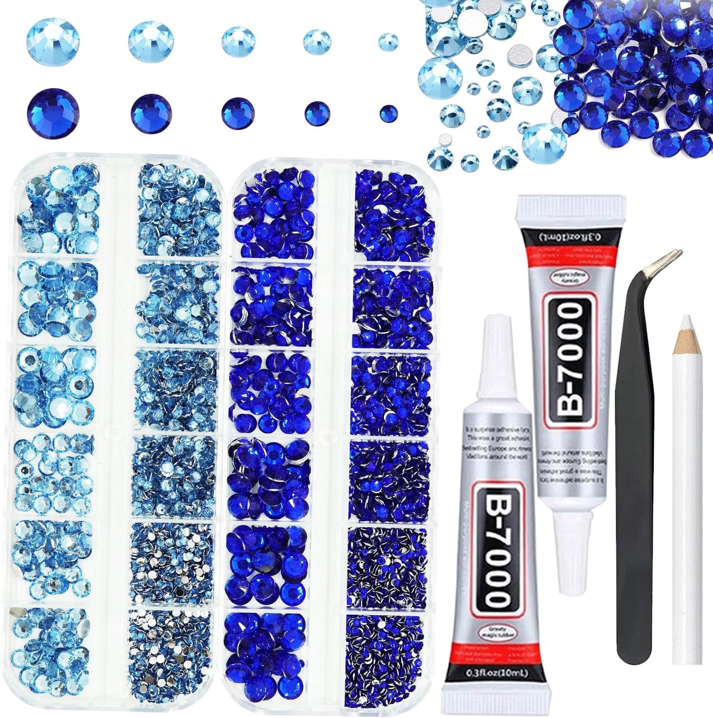 Light and Dark Blue Rhinestones with Glue(S8-S30) for Bedazzling,2mm-6mm Non-Hotfix Flatback Nail Gems Beads Baby and Navy Blue Gems Diamonds Kit, Nail Gems Beads for Bedazzling Crafts, DIY Art-BrightBean Baby