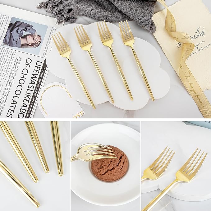 U-QE 60Pcs Gold Plastic Forks - Heavy Duty Plastic Forks Disposable - 7.6 Inch Gold Disposable Forks - Luxurious Plastic Silverware Perfect for Parties, Weddings and Other Daily Events