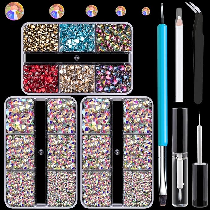 Colorful Face Gems for Makeup Set, Flatback Gorgeous Glass AB Gems+Mixed-Colored Crystals with Picker Pencil, Makeup Glue, Dual-End Dotting Tool, Tweezer for Eye Body Hair Make-up and Nail Art Deco-BrightBean Baby