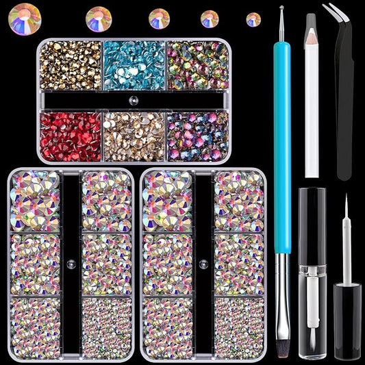Colorful Face Gems for Makeup Set, Flatback Gorgeous Glass AB Gems+Mixed-Colored Crystals with Picker Pencil, Makeup Glue, Dual-End Dotting Tool, Tweezer for Eye Body Hair Make-up and Nail Art Deco-BrightBean Baby
