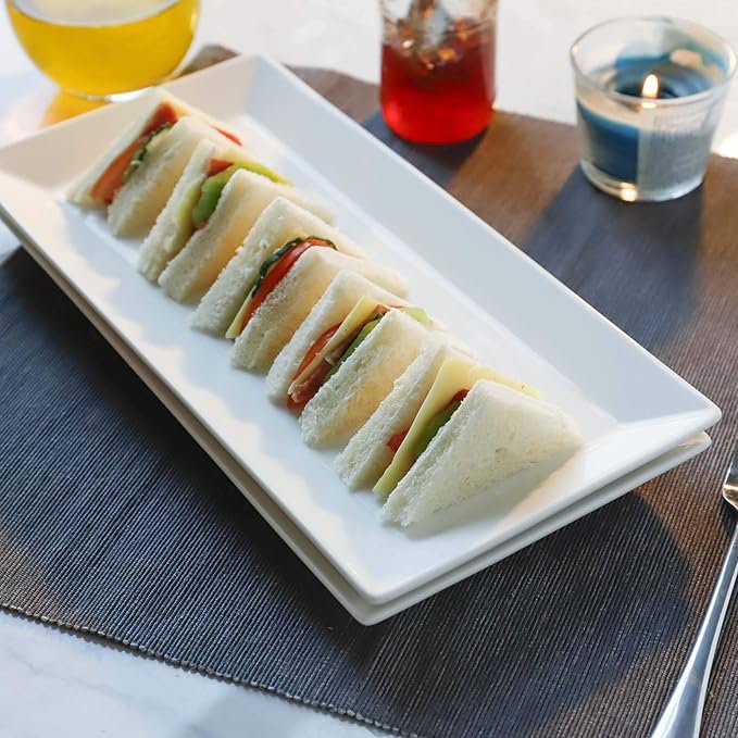 Sweese Porcelain Serving Tray, 12 Inch Rectangle Plates for Sushi, Meat, Desserts, Cakes, White Serving Platter for Restaurant, Banquet, Party, Microwave Oven Dishwasher Safe, Stackable, Set of 4