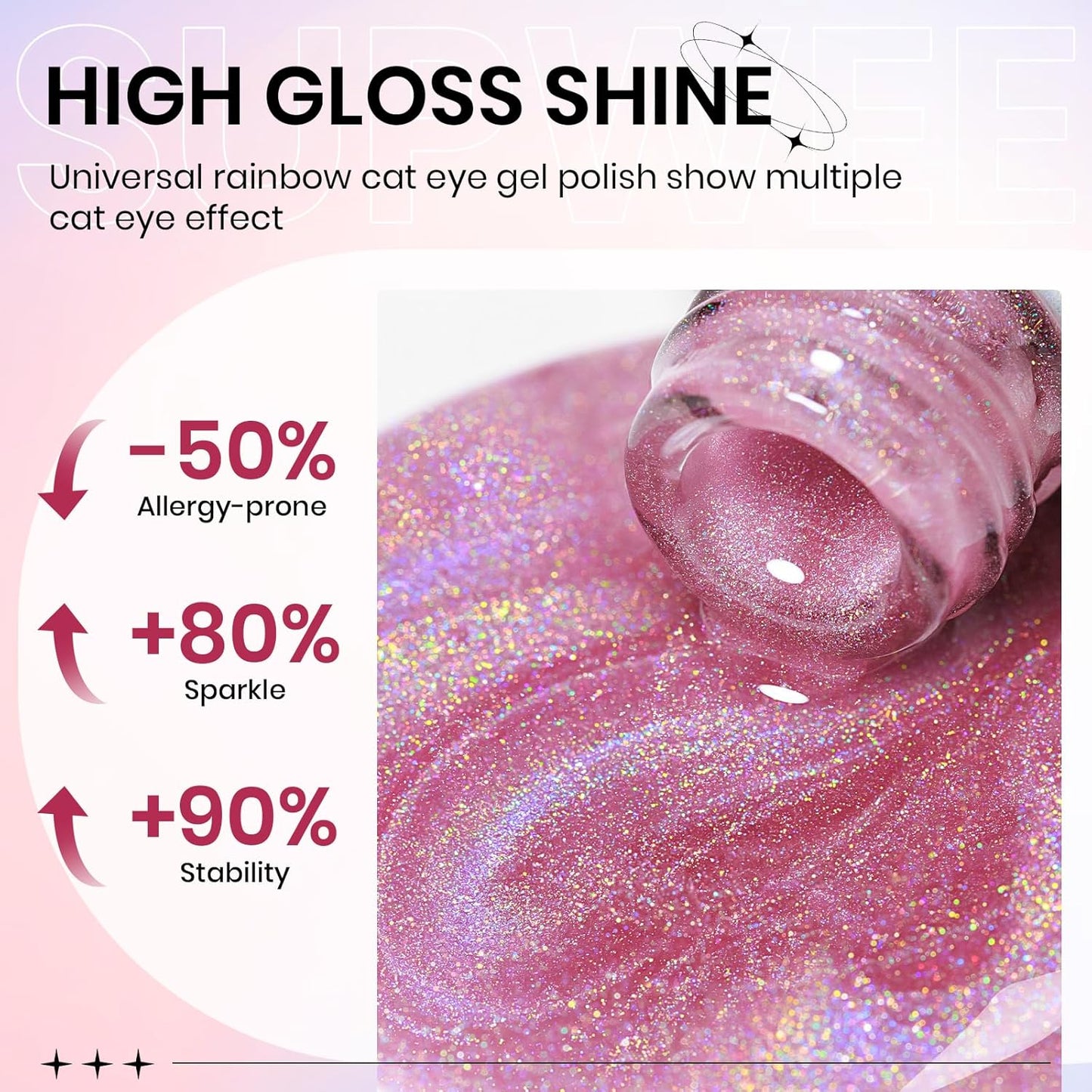 Pink Rainbow Cat Eye Gel Nail Polish Glitter Holographic Gel Polish with Magnetic Stick for a Glittery Iridescent Galaxy Effect Soak Off UV Lamp Perfect for Nail Art & DIY Manicures at Home-BrightBean Baby