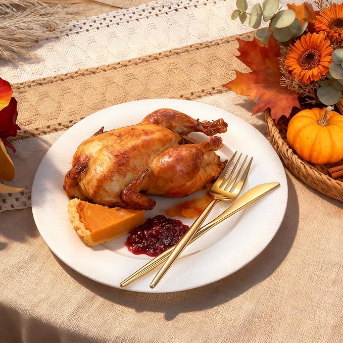 Rubtlamp 90Pcs Gold Plastic Silverware, Gold Disposable Thanksgiving Utensils, Plastic Cutlery Include 30 Plastic Knives, 60 Forks and Spoons, Fancy Plastic Silverware Heavy Duty for Thanksgiving