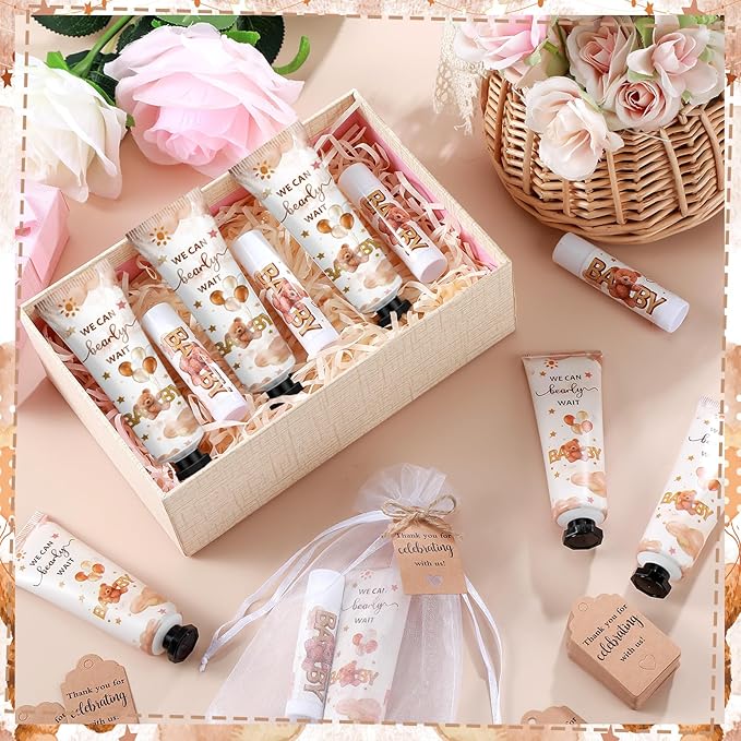 50 Sets 200 Pcs Baby Shower Hand Lotion and Lip Balm Gift Theme Baby Shower Party Favors Travel Size Hand Lotion and Lip Balm Bulk with Organza Bags Tags(Bear)-BrightBean Baby