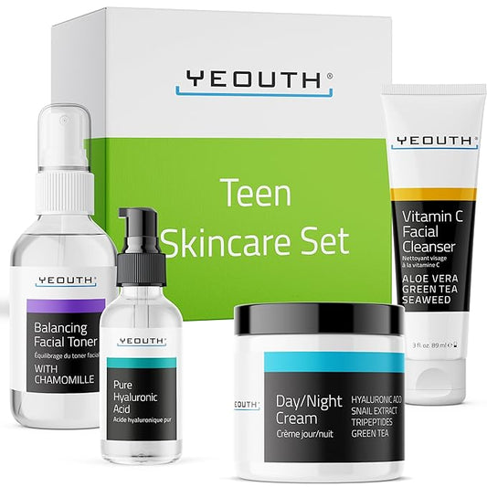 YEOUTH Skin Care Set: Hyaluronic Acid Serum, Vitamin C Cleanser, Toner & Face Cream, Teen Skincare Kit Girls & Boys 4-Piece Beauty Gifts-BrightBean Baby