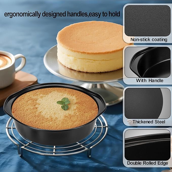 8 Inch Cake Pan, Nonstick 4 Pack Round Cake Pans with 100PCS Pre-cut Parchment Paper for Birthday Christmas, Durable Circle Cake Pan Sets with Handle for Baking Multi-Layer Cakes, Dishwasher Safe