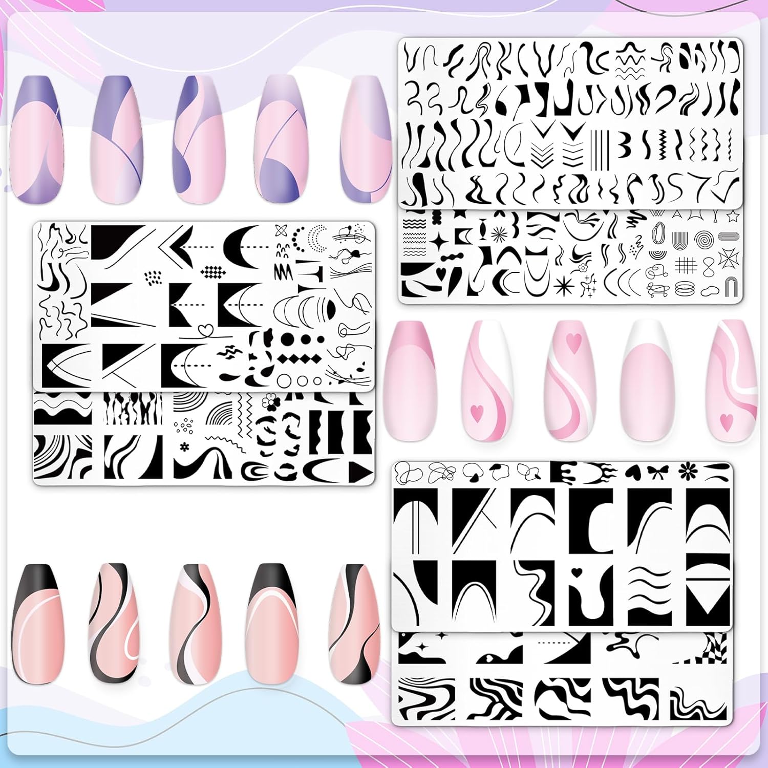 Whaline 6Pcs French Line Nail Plates Stamping Set Minimalism Wave Stripe Stamp Templates Nail Art Plates For DIY Print Manicure Salon Design-BrightBean Baby