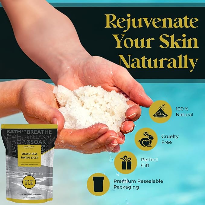 Aromasong Dead Sea Bath Salt - 100% Pure & Natural Dead Sea Salts for Soaking Fine Grain 5 LB - Bulk Resealable Pack (Packaging May Vary) Used for Body wash Scrub - Soak for Women & Men.-BrightBean Baby
