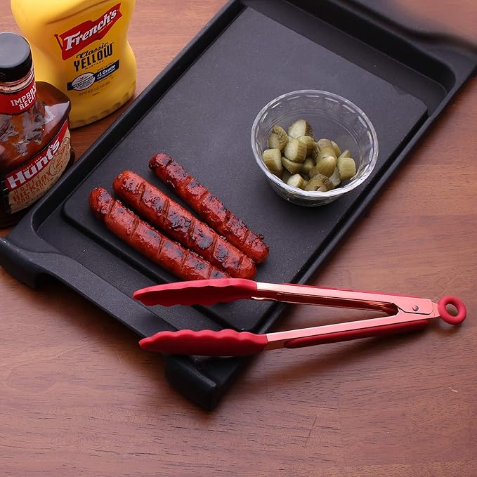 COOK WITH COLOR Stainless Steel Silicone Tipped Kitchen & BBQ Tongs Set, 2 Pc Tongs, Red