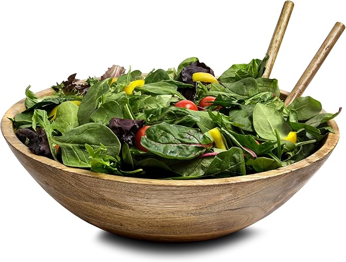 Extra Large Wooden Salad Bowl Set - 1/2" Thick Mango Wood Serving Bowl with Utensils, Wooden Mixing Bowls, Decorative Kitchen Dinnerware for Popcorn, Pasta, & Chips, Dishes - 15 Inch