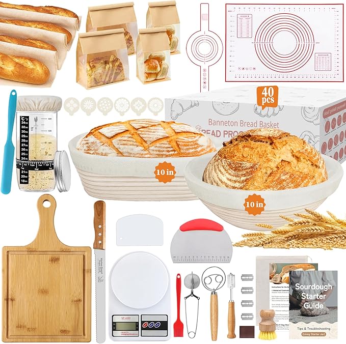 Aliggbent 40Pcs Sourdough Bread Baking Supplies, 10'' Round & Oval Banneton Bread Proofing Baskets with 24 oz Sourdough Starter Jar Kit, Digital Scale, Cutting Board, Knife, Bags ＆ Bread Making Tools