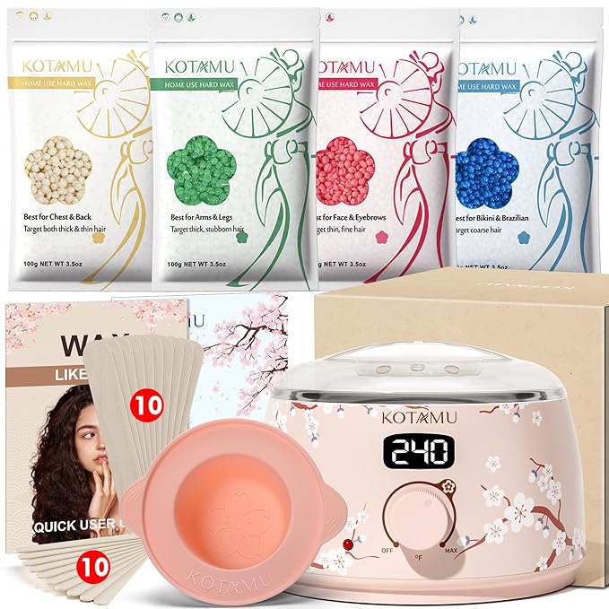 KOTAMU Waxing Kit for Women & Men, Wax Warmer for Hair Removal, Digital Wax Kit with Silicone Pot，Ideal for Face Eyebrow Arm Legs Armpit &Sensitive Skin, Cherry Waxing Machine for Home Salon Use-BrightBean Baby