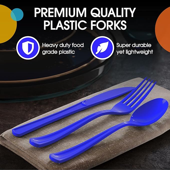 Party Solids Dark Blue Plastic Silverware Heavy Duty 150 Pieces Dark Blue Plastic Cutlery Sets, Utensil Sets, 50 Of Each Forks, Knives & Spoons Disposable Cutlery Set, Flatware Set For Party Supplies