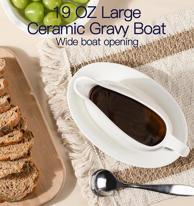 Gravy Boat with Saucer 19 oz,Ceramic Gravy Boats with Tray Set of 2, Gravy Bowl for Turkey,Dispenser with Tray for Sauces,Beef, Salad Dressing, Creamer, Broth,Microwave and Dishwasher Safe Gravy Boats