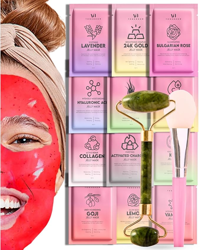 Jelly Mask for Facials - 12 Flavors Hydrating & Brightening Jelly Face Masks | Free Jade Roller & Spatula | Bulgarian Rose, Lavender, Hyaluronic Acid, 24K Gold face mask skin care |Vajacial Jelly Mask-BrightBean Baby