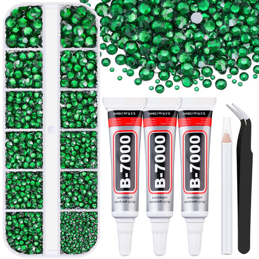 6000Pcs Resin Rhinestones for Bedazzling with 3Pcs B7000 Jewelry Glue, 1 Box Emerald Green Flatback Rhinestones for Crafting Crafts DIY, Crystals Gems for Clothing Shoes Tumblers Nail Art Makeup-BrightBean Baby