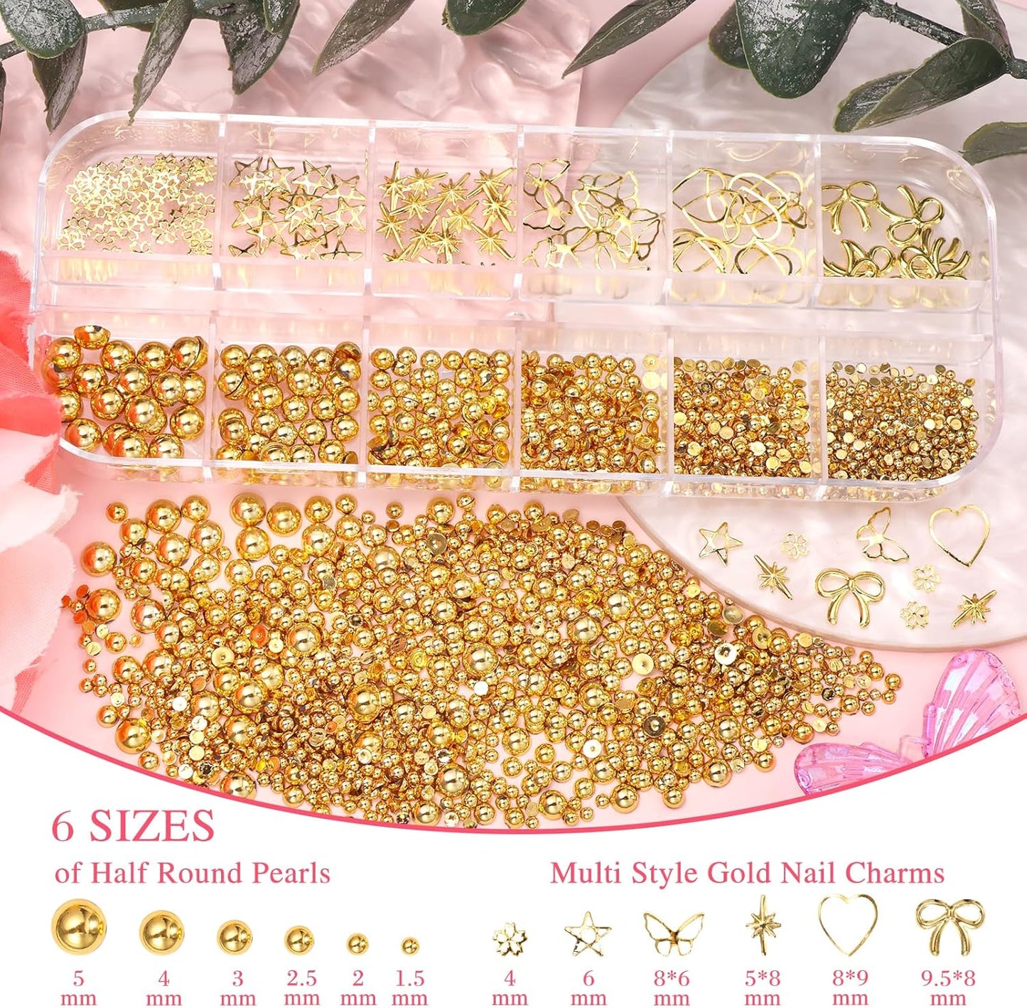 2 Boxes Alloy Gold Nail Charms, 3D Butterfly Star Cherry Nails Gems Charms, Mixed Shapes Golden Bows Heart Star Nail Studs Gold Flatback Pearls Beads for Nails Art Design DIY Accessories-BrightBean Baby