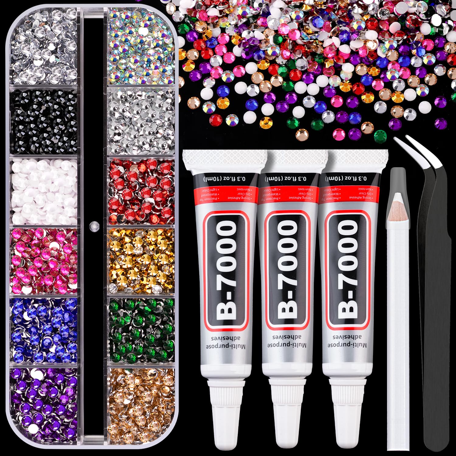 Resin Rhinestones for Crafting with B7000 Jewelry Glue, 1 Box Mix Colors 3mm Flatback Crystals with 3Pcs 10ml Glue for Bedazzling Crafts DIY Nail Art Makeup，Non Hotfix Gems for Clothing Shoes-BrightBean Baby