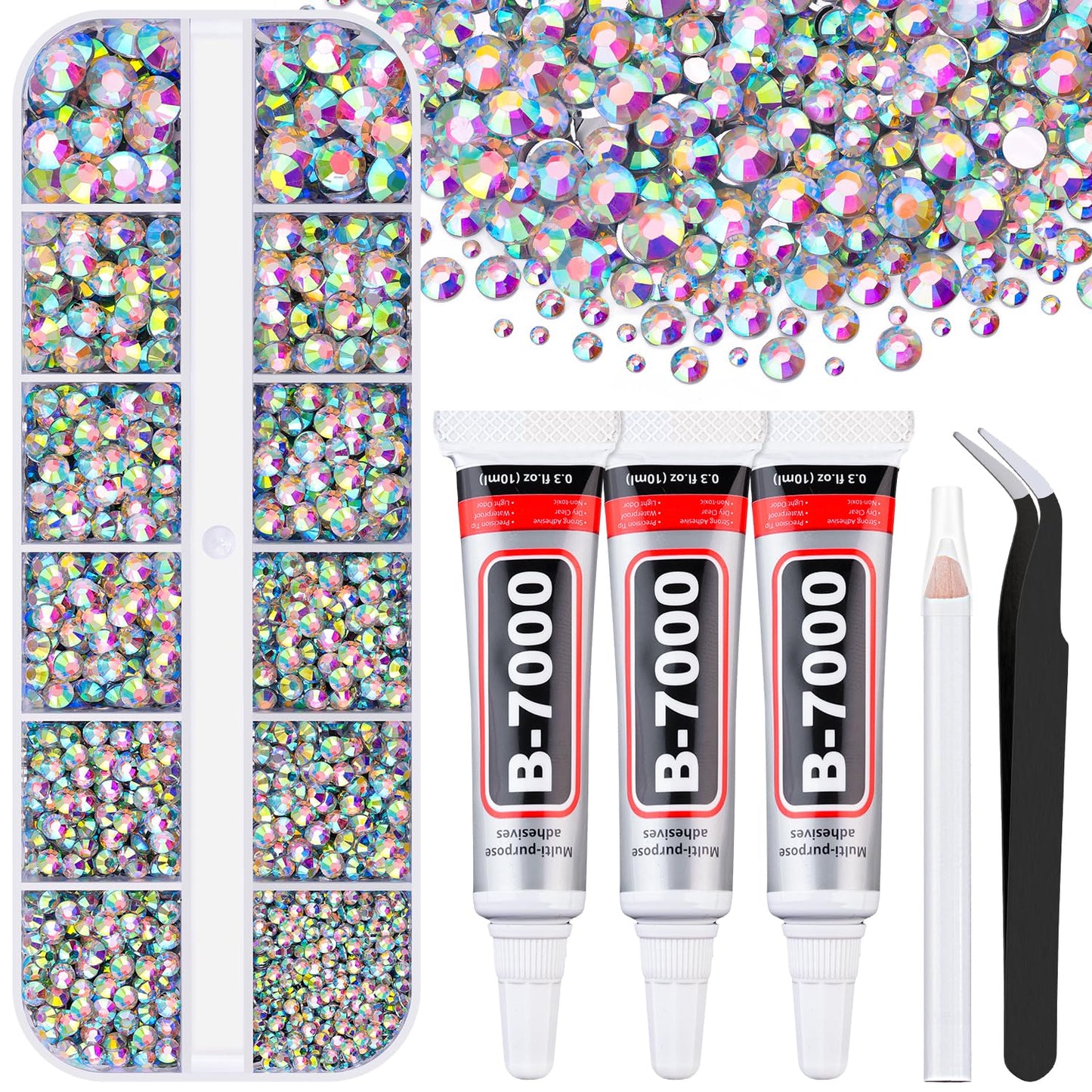 6000Pcs Resin Rhinestones for Bedazzling with 3Pcs B7000 Jewelry Glue, 1 Box AB Flatback Rhinestones for Crafting Crafts DIY, Crystals Gems for Clothing Shoes Tumblers Nail Art Makeup-BrightBean Baby
