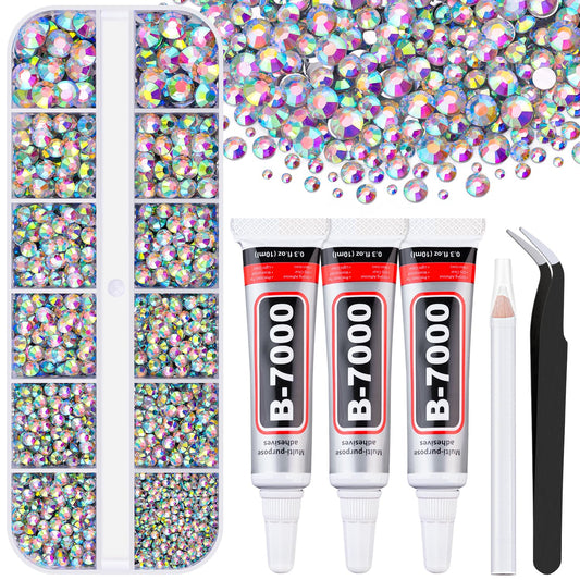 6000Pcs Resin Rhinestones for Bedazzling with 3Pcs B7000 Jewelry Glue, 1 Box AB Flatback Rhinestones for Crafting Crafts DIY, Crystals Gems for Clothing Shoes Tumblers Nail Art Makeup-BrightBean Baby