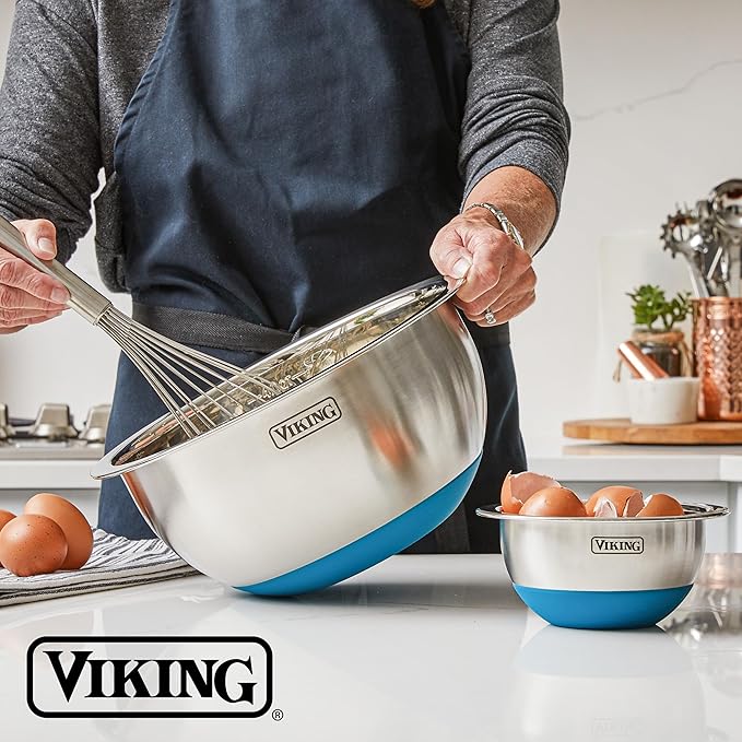 VIKING Mixing Bowls Set, 10 Piece Stainless Steel Kitchen Cookware, Non-Slip Silicone Base, Includes Tight Fit Lids, Dishwasher Safe, Blue