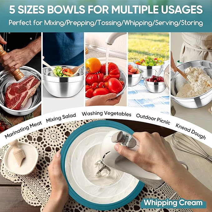 Herogo 5-Piece Mixing Bowls with Airtight Clear Lids, 3 Grater Attachments, Stainless Steel Large Bowls of 5 for Kitchen, Size 4.6, 3.5, 2.5, 2, 1.5QT Ideal for Mixing and Serving, Blue