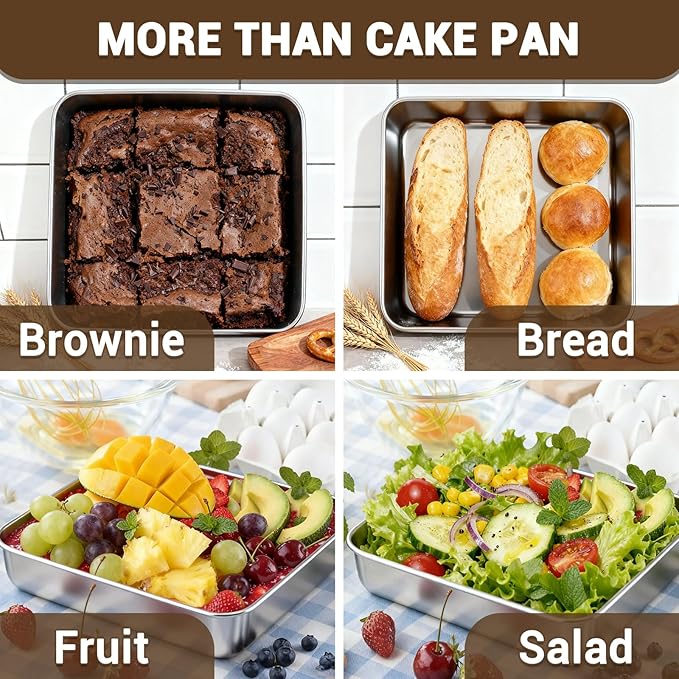 6,8,9 Inch Square Cake Pan Set of 3 - Non-Toxic Stainless Steel Brownie Pan, Heavy Duty & Dishwasher Safe, One Piece Design, Ideal Square Baking Pan for All Cakes & Multiple Purpose