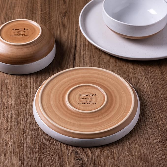 AmorArc Ceramic Dinnerware Sets with Pasta Bowls for 4, Handpainted Plates and Bowls Set with Rustic Terracotta Underside, Scratch Resistant Dishes Set, Dishwasher & Microwave Safe, 16 Pcs