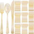 Supernal 300pcs Gold Glitter Plastic Cutlery Disposable Utensils Gold Plastic Silverware Sets Include 100 Forks, 100 Spoons & 100 Knives Serves for 100 Guests Suitable for Party,Thanksgiving