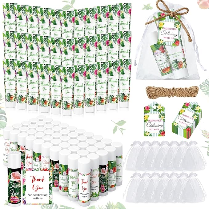 200 Pcs Baby Shower Wedding Party Favors Gift Set, 50 Pcs Baby Shower Hand Cream and 50 Lip Balm for Wedding Bridesmaid Guests Gift Supplies with 50 Organza Bag 50 Thank You Tag(Tropical)-BrightBean Baby