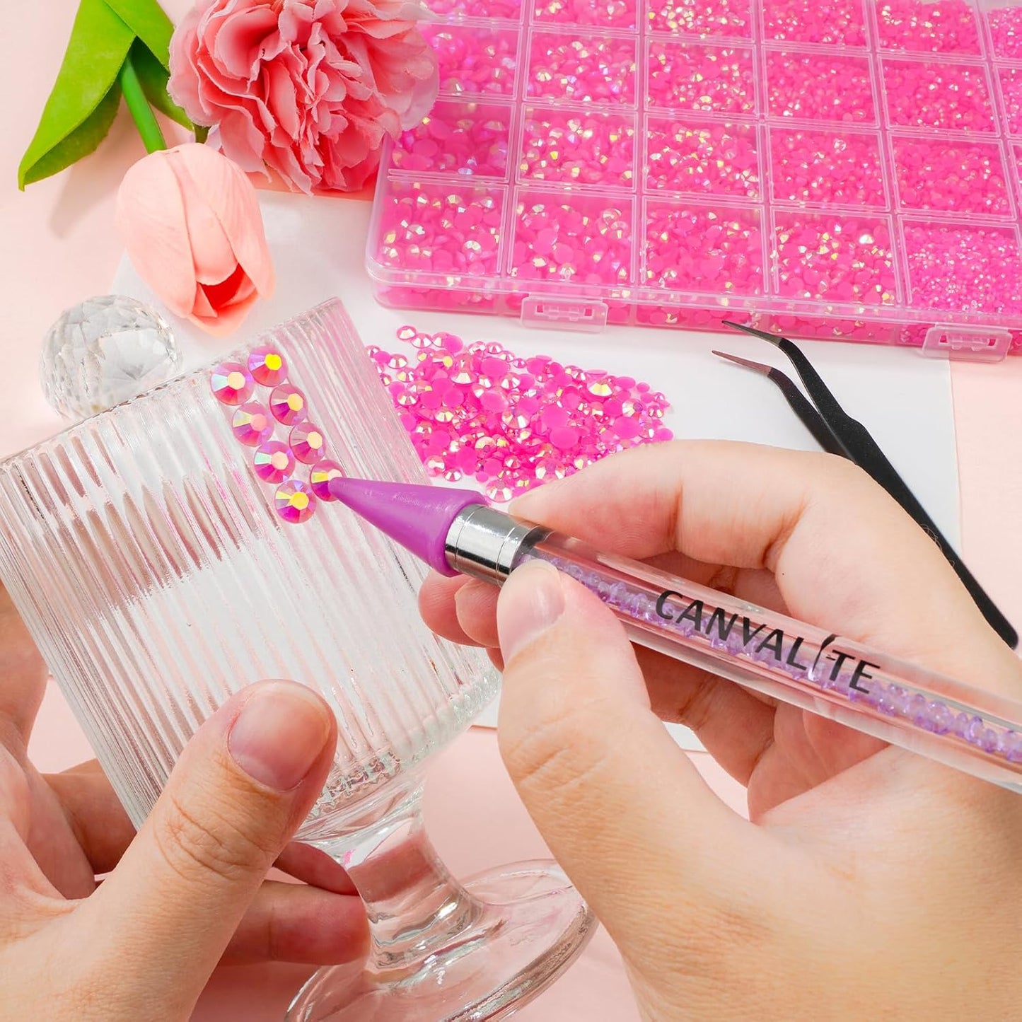 Canvalite 25000PCS Resin Jelly Rhinestones for Crafting,Hot Pink AB Flatback Gems, Bedazzling Crystal with 5x2.5g B7000 Jewelry Glue and Tweezers Dotting Pen for DIY Crafts Clothing Shoes Nail Art-BrightBean Baby