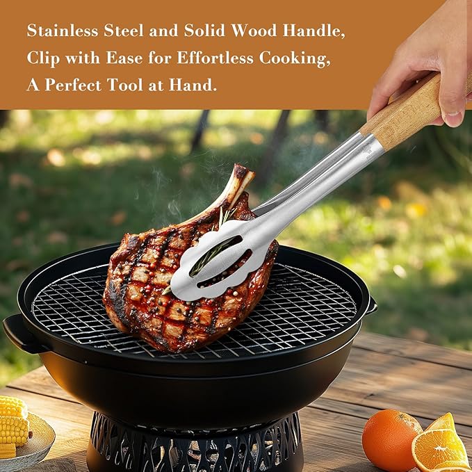 KULUNER Stainless Steel Barbecue Tongs with Solid Wood Handle, Kitchen Metal Locking Design, Extra Long 17.5 Inches 700 Degrees, Suitable for Food Cooking, Salad and Outdoor Grilling(Beechwood)
