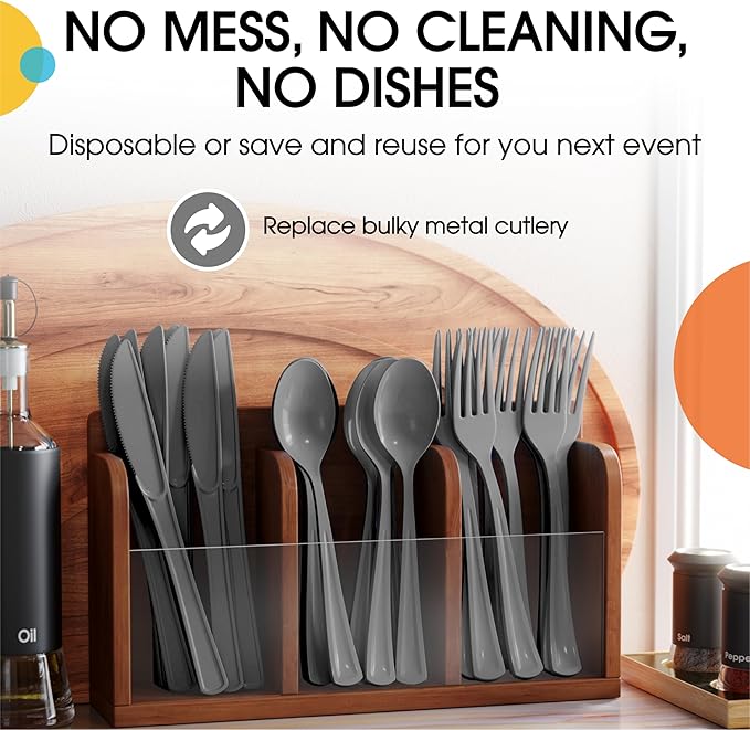 Party Solids Silver Plastic Silverware Heavy Duty 300 Pieces Silver Plastic Cutlery Sets, Utensil Sets, 100 Of Each Forks, Knives & Spoons Disposable Cutlery Set, Flatware Set For Party Supplies