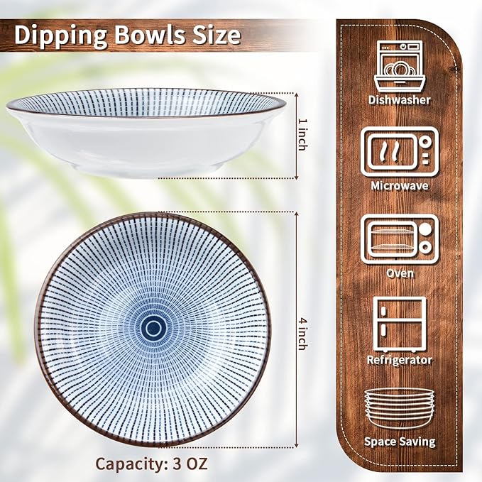 Dipping Bowls, Soy Sauce Dish Ceramic, 3 OZ Small Serving Bowls for Side Dishes Vintage Blue Stylish Design, Set of 6 Mini Appetizer Plates for Condiment Sushi Ketchup BBQ Party, 4 Inch