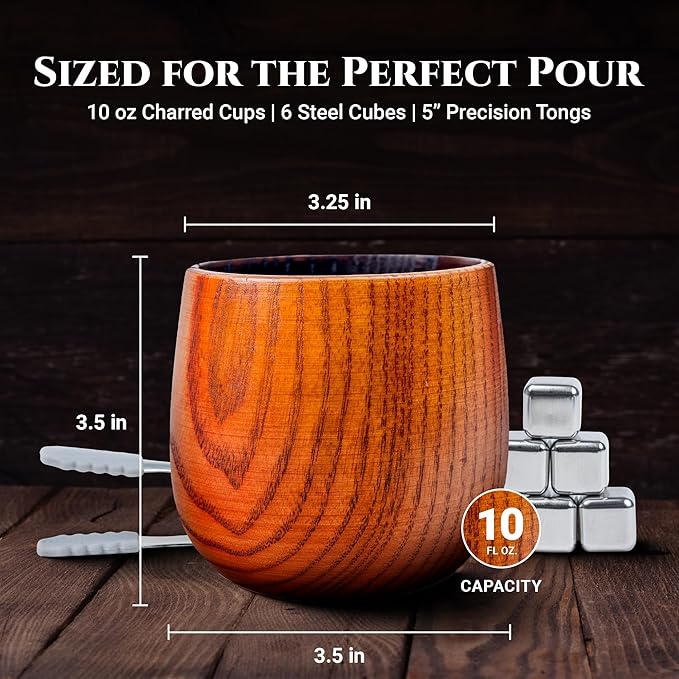 Premium Charred Wooden Whiskey Bourbon Drinking Glasses | Whisky Gifts for Men, Dad, or Brother | Handcrafted Old Fashioned Glasses Tumblers with 6 Stainless Steel Ice Cubes and Tongs | Set of 2