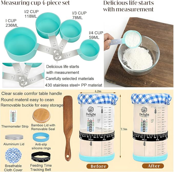 Complete Sourdough Starter Kit with 9" Rattan Banneton & 40oz Glass Jar - Bread Baking Supplies Set Includes Dough Whisk, Lame, Acacia Wood Spatula - Gift Set by Delight Source
