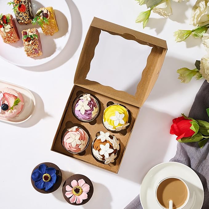 RomanticBaking 50 Pack 4 Cupcake Boxes with insert,6'' x 6'' x 3''Brown Kraft Cupcake Containers Food Boxes for Cookies,muffin,cakesicles