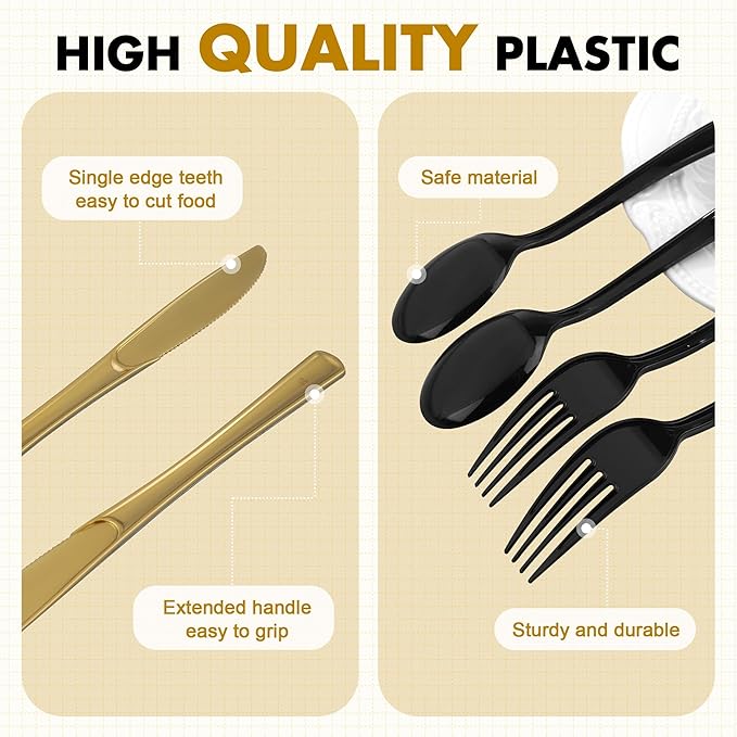 300 Pieces Black and Gold Plastic Silverware Heavy Duty Plastic Cutlery Set Disposable Flatware Includes Spoons Forks Knifes for Party Supplies