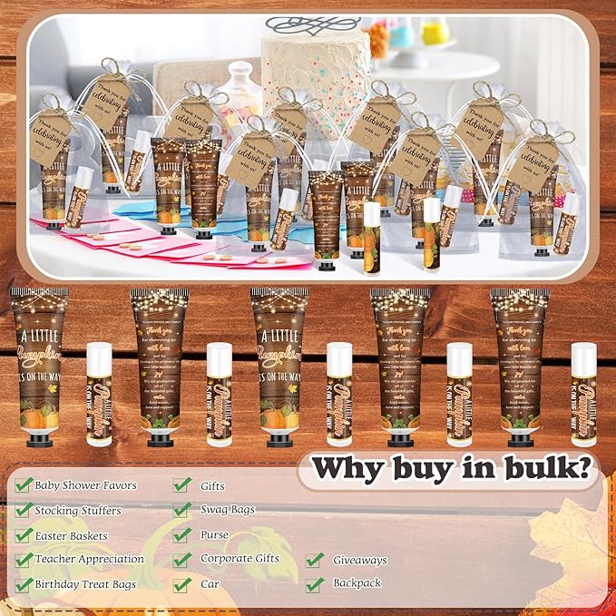 50 Sets 200 Pcs Baby Shower Hand Lotion and Lip Balm Gift Theme Baby Shower Party Favors Travel Size Hand Lotion and Lip Balm Bulk with Organza Bags Tags(Rustic Pumpkin)-BrightBean Baby
