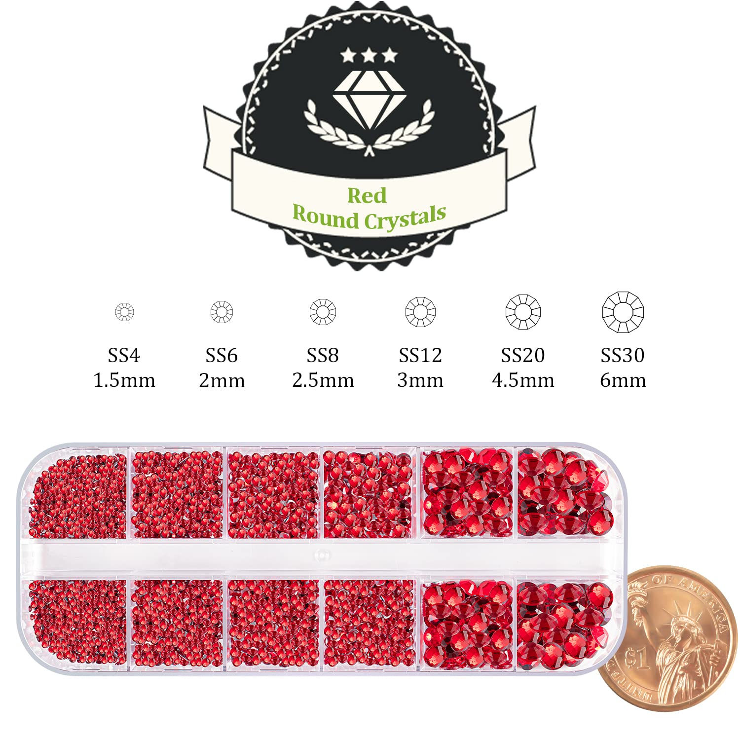 One Pack 2000 Pcs of Flatback Round Red Rhinestones 6 Sizes (1.5-6 mm) with Nail Art Rhinestone Picker Pencil and Tweezers for DIY and Salon Use-BrightBean Baby