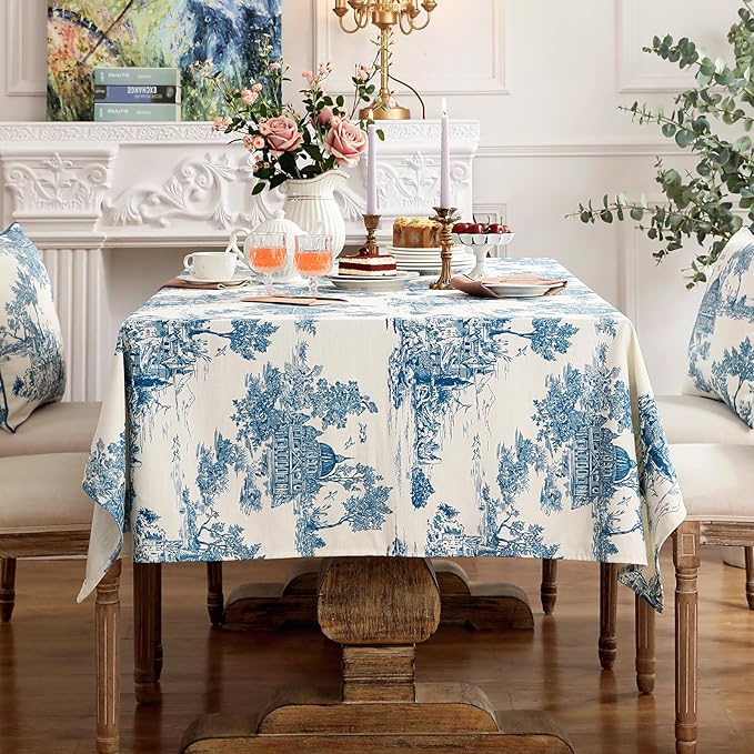 patdrea Designer Vintage Cyan Long Tablecloth for Rectangle Table,Linen Ancient Castle and Manor Pattern Tablecloths,Table Cover Decor for Kitchen Dining Christmas,Thanksgiving,63"x102"-Lucerne a