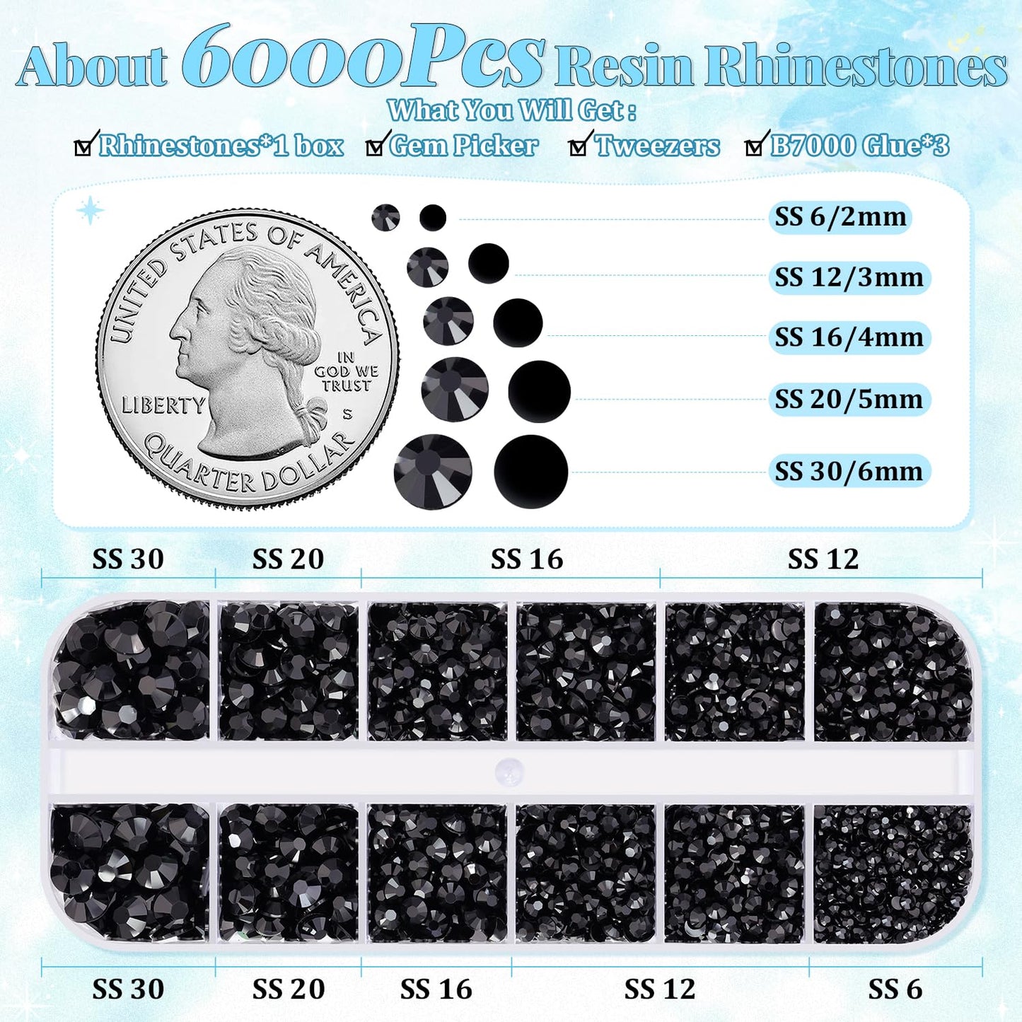 6000Pcs Resin Rhinestones for Bedazzling with 3Pcs B7000 Jewelry Glue, 1 Box Black Flatback Rhinestones for Crafting Crafts DIY, Crystals Gems for Clothing Shoes Tumblers Nail Art Makeup-BrightBean Baby